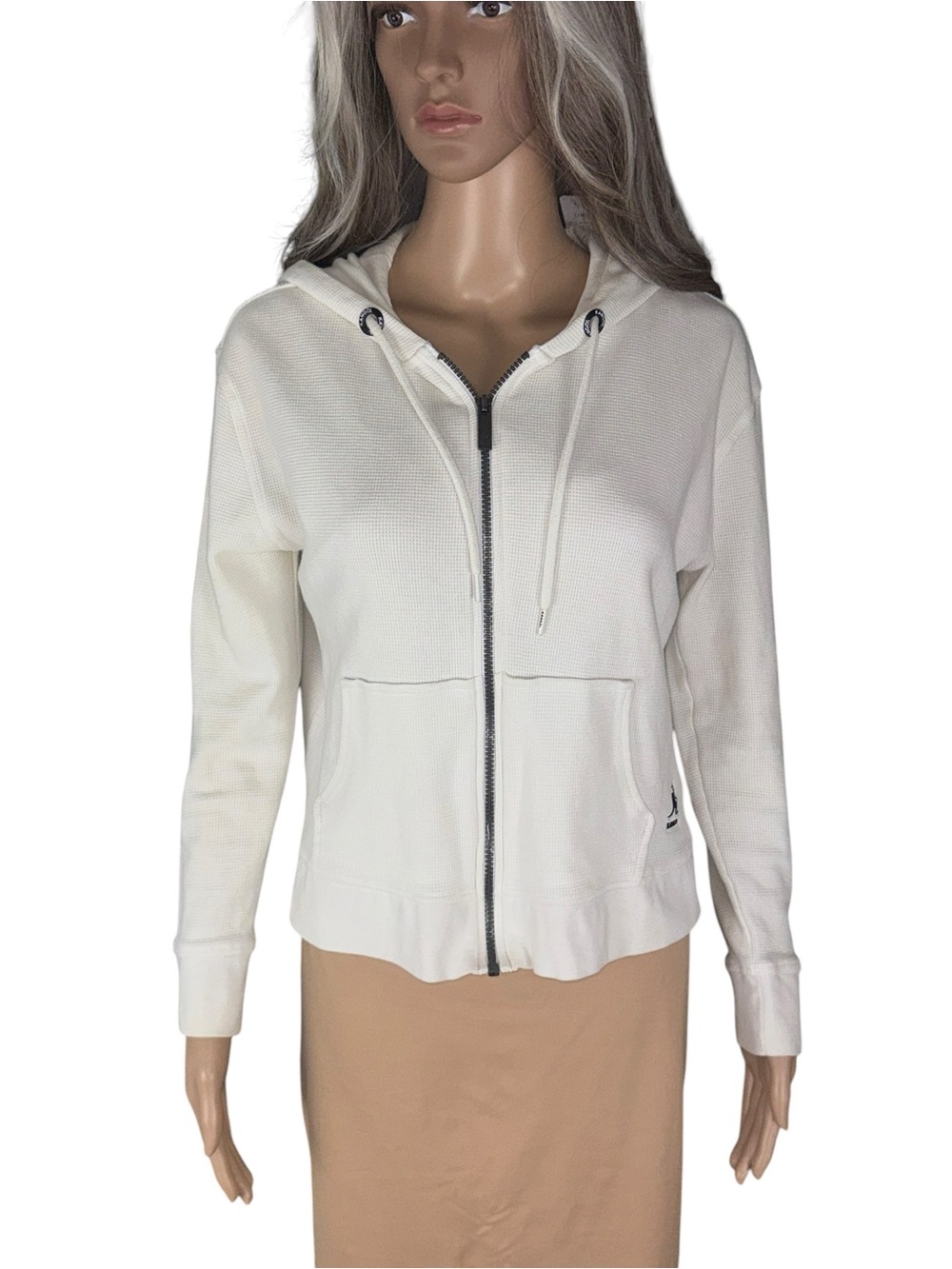 KANGOL Off White Waffle Knit Thermal Full Zip Hoodie Sweater Women's Size Med